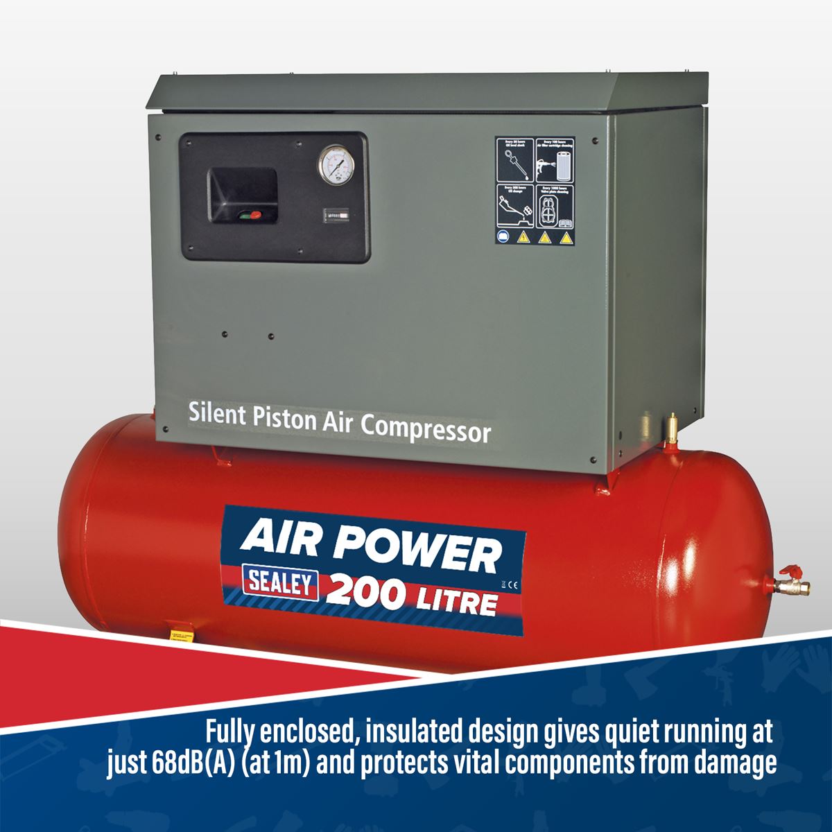 Sealey Air Compressor 200L Belt Drive 3hp Cast Cylinders Low Noise SAC2203BLN