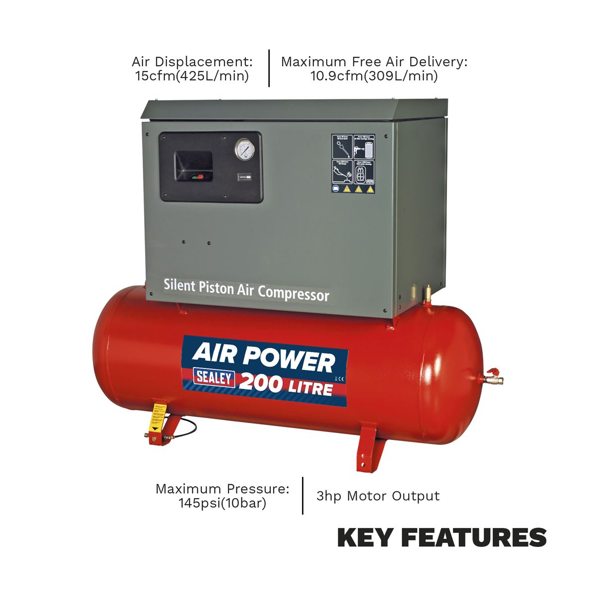 Sealey Air Compressor 200L Belt Drive 3hp Cast Cylinders Low Noise SAC2203BLN