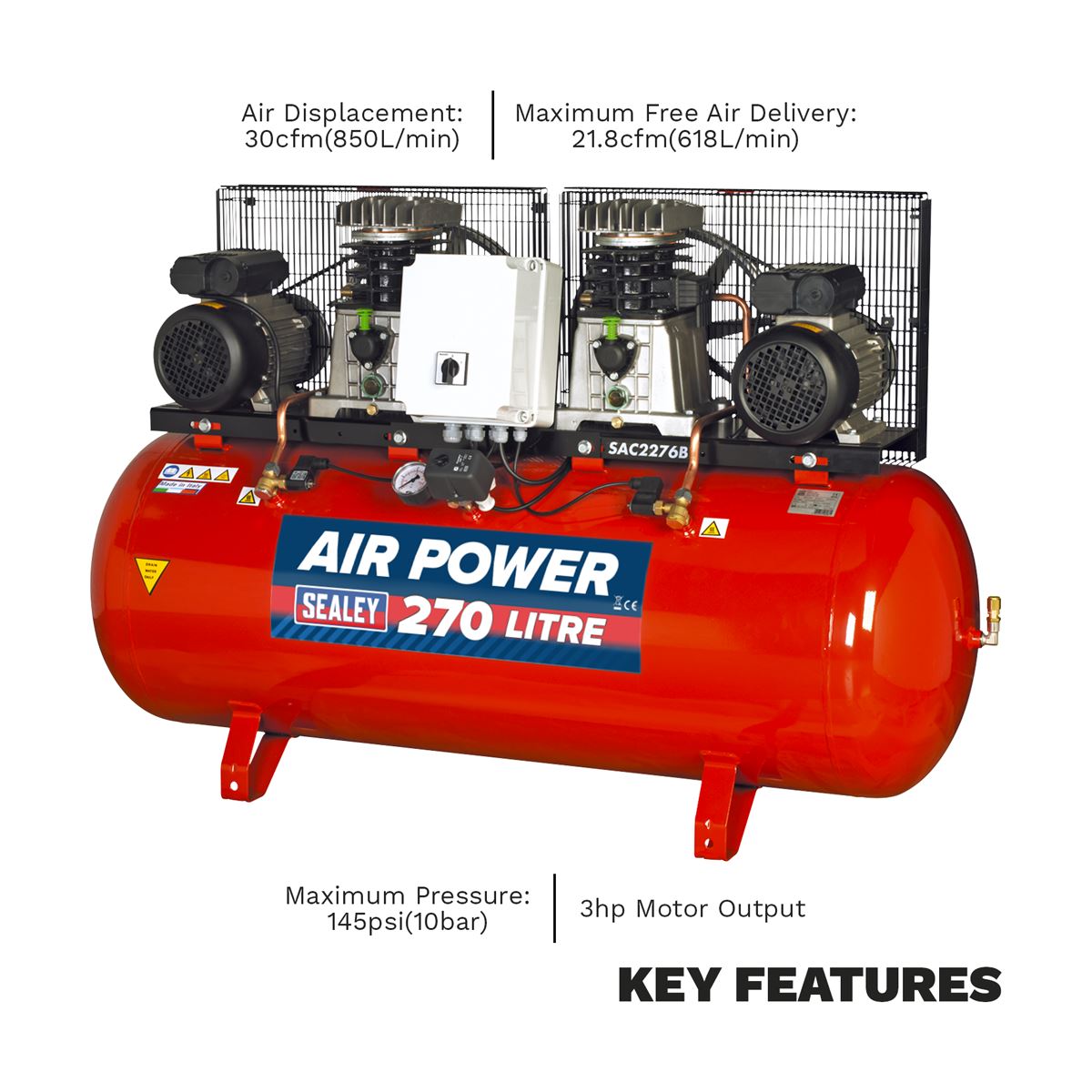 Sealey Air Compressor 270L Belt Drive 2 x 3hp with Cast Cylinders SAC2276B