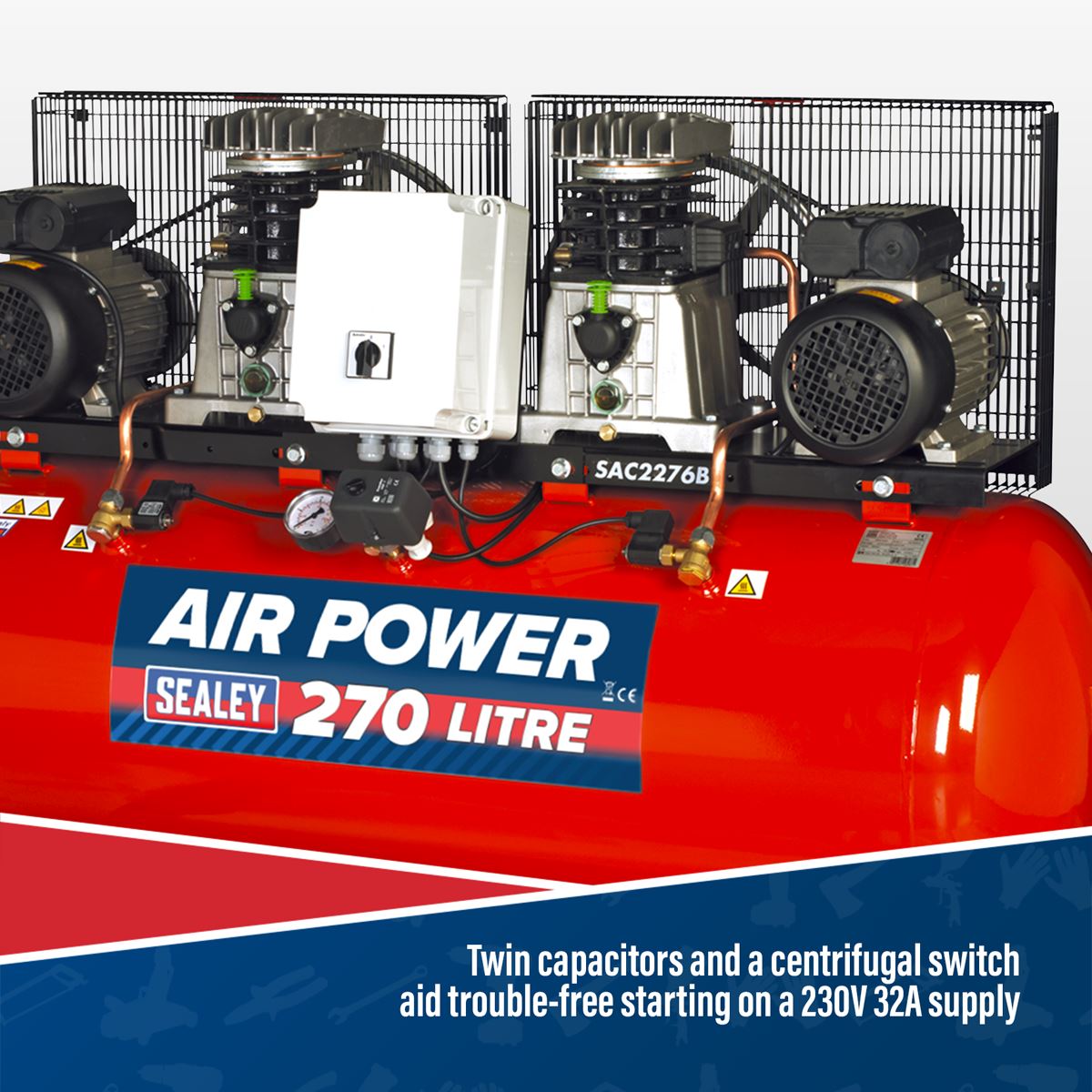 Sealey Air Compressor 270L Belt Drive 2 x 3hp with Cast Cylinders SAC2276B