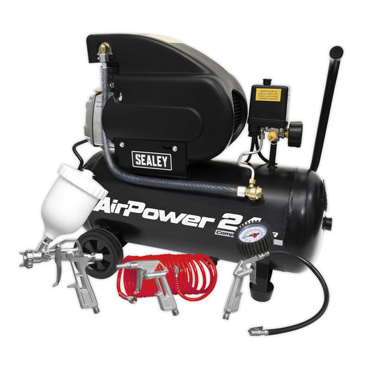 Sealey Air Compressor 24L Direct Drive 2hp 4pc Air Accessory Kit SAC2420APK