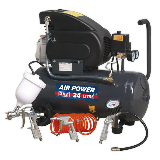 Sealey Air Compressor 24L Direct Drive 2hp 4pc Air Accessory Kit SAC2420EPK