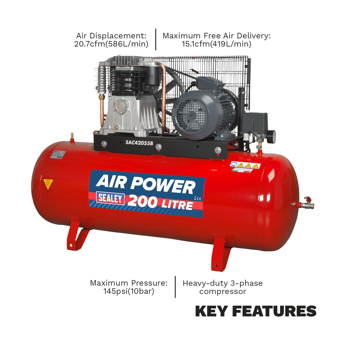 Sealey Air Compressor 200L Belt Drive 5.5hp 3ph 2-Stage Cast Cylinder SAC42055B
