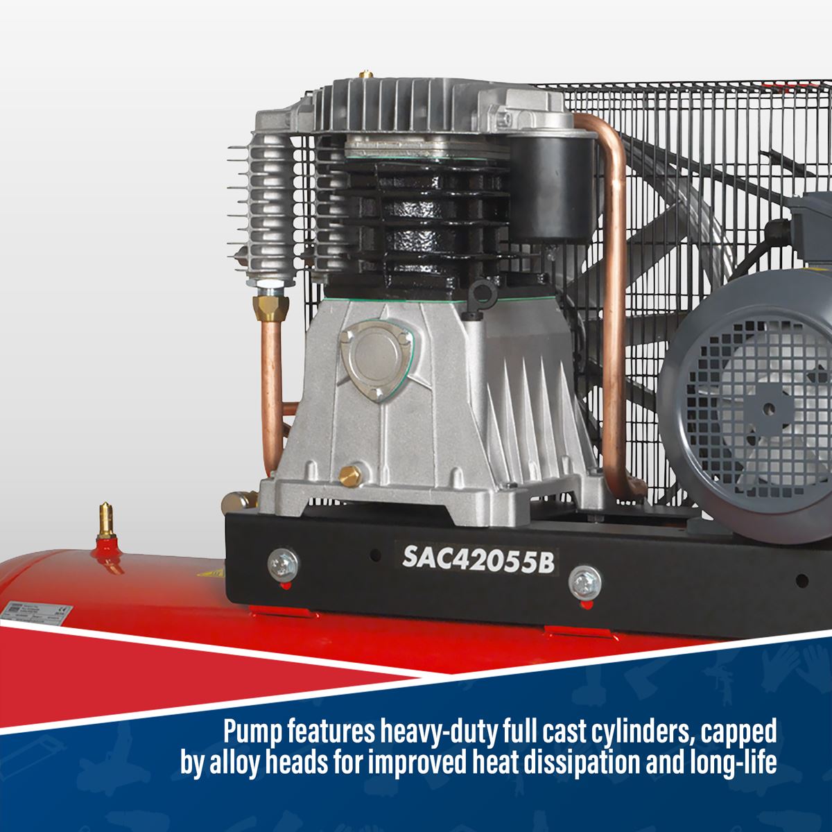 Sealey Air Compressor 200L Belt Drive 5.5hp 3ph 2-Stage Cast Cylinder SAC42055B