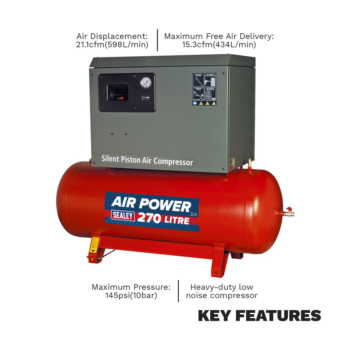 Sealey Air Compressor 270L Belt Drive 5.5hp 3ph 2-Stage Low Noise SAC42755BLN