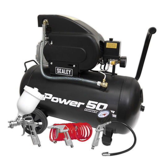Sealey Air Compressor 50L Direct Drive 2hp 4pc Air Accessory Kit SAC5020APK