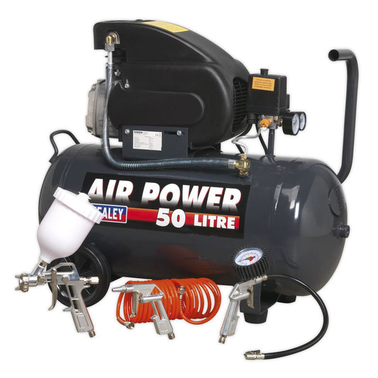 Sealey Air Compressor 50L Direct Drive 2hp 4pc Air Accessory Kit SAC5020EPK