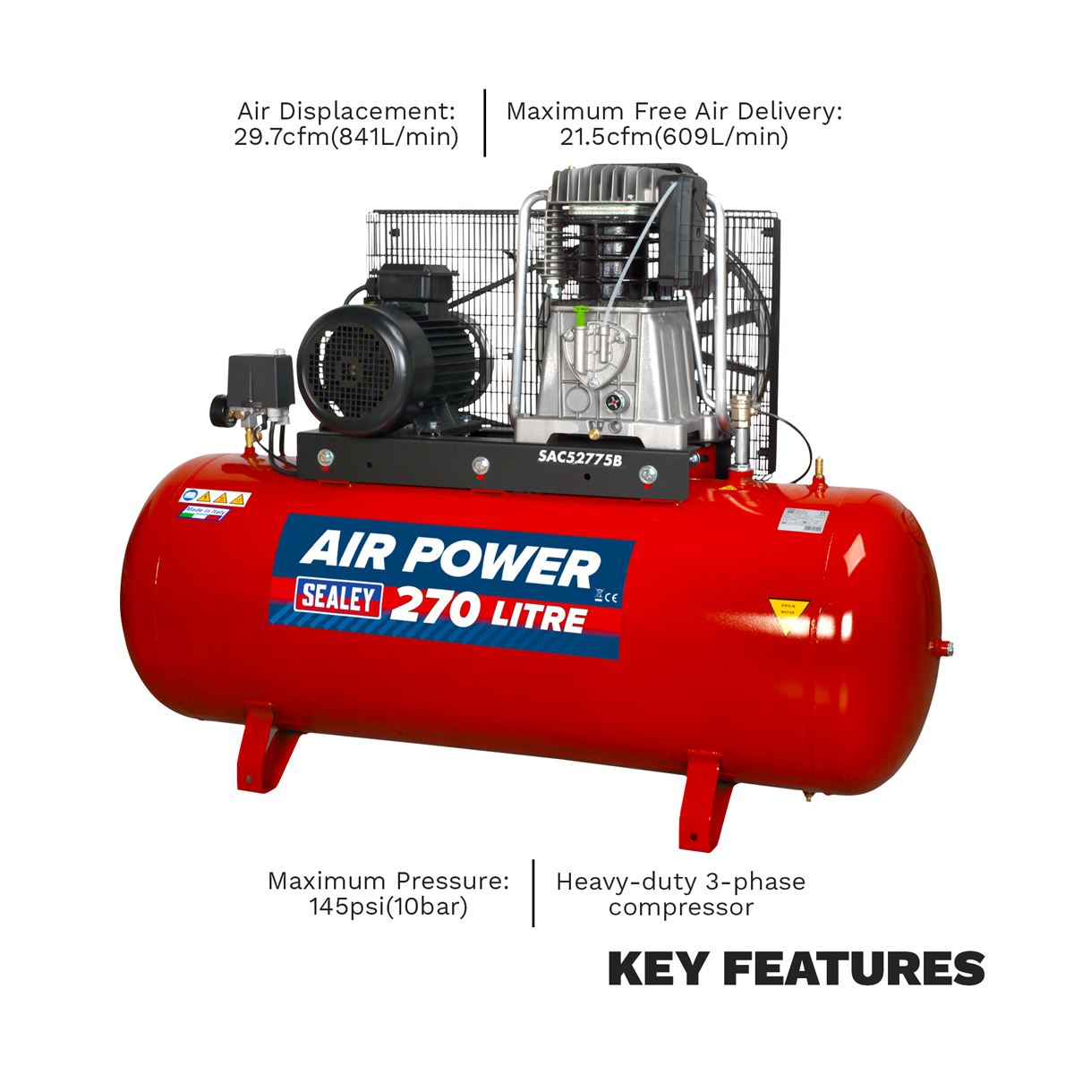 Sealey Air Compressor 270L Belt Drive 7.5hp 3ph 2 Stage Cast Cylinder SAC52775B