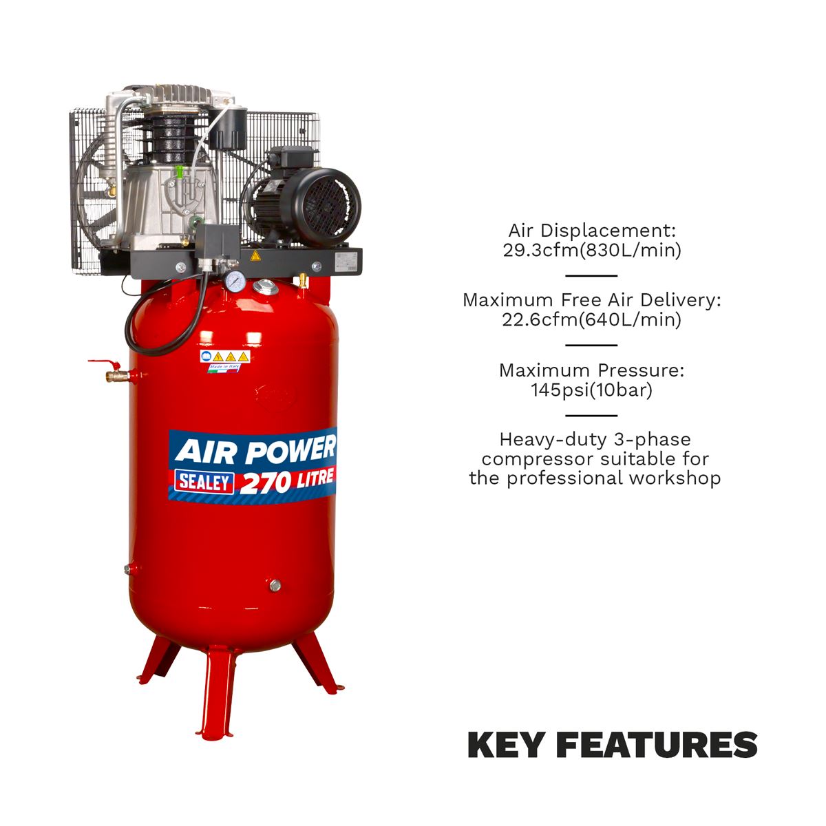 Sealey Air Compressor 270L Vertical Belt Drive 7.5hp 3ph 2 Stage SACV52775B