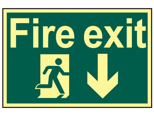 Scan Fire Exit Running Man Arrow Down - Photoluminescent 300 x 200mm SCA1580