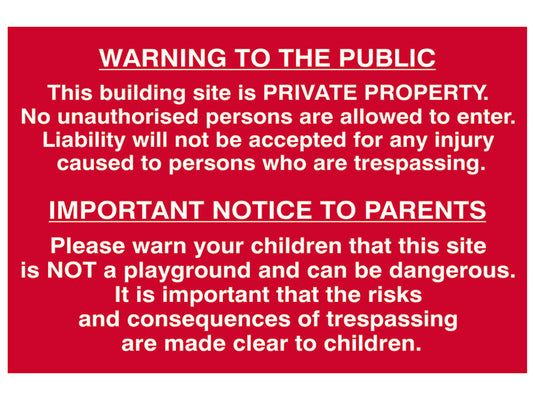 Scan Building Site Warning to Public & Parents - PVC Sign 600 x 400mm SCA4251