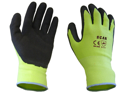 Scan Hi-Vis Yellow Foam Latex Coated Gloves - L (Size 9) SCAGLOLATYL