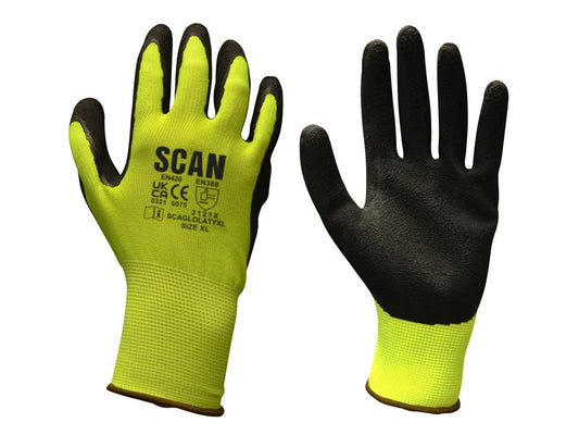 Scan Hi-Vis Yellow Foam Latex Coated Gloves - M (Size 8) SCAGLOLATYM