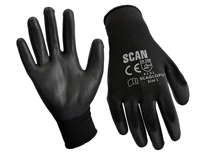 Scan Black PU Coated Gloves - M (Size 8) (12 Pairs) SCAGLOPU12M