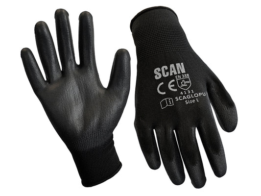 Scan Black PU Coated Gloves - M (Size 8) (12 Pairs) SCAGLOPU12M