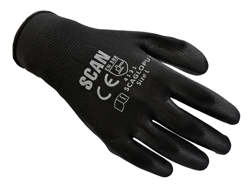 Scan Black PU Coated Gloves - M (Size 8) (12 Pairs) SCAGLOPU12M