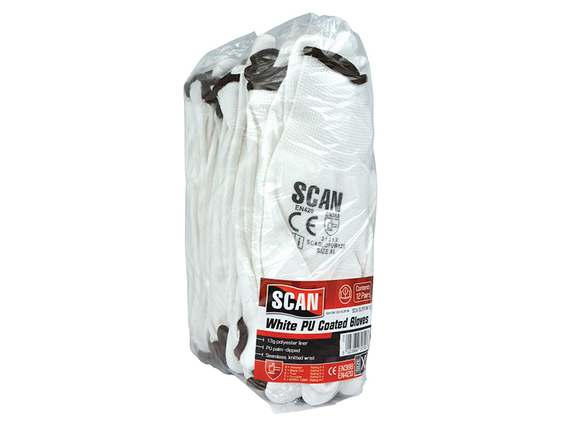 Scan White PU Coated Gloves - XL (Size 10) (Pack 12) SCAGLOPUW12X