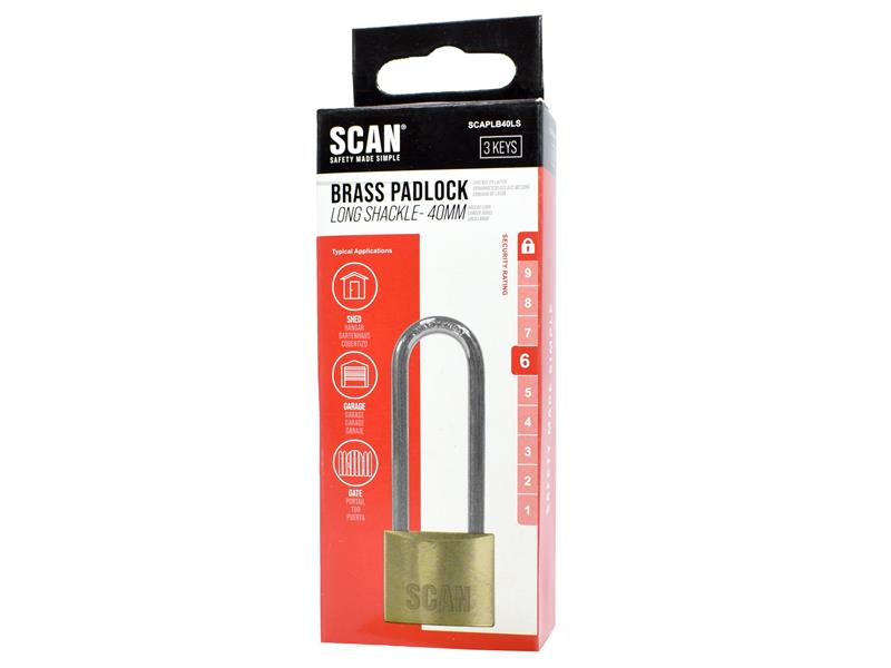 Scan Brass Padlock 40mm Long Shackle With 3 keys SCAPLB40LS