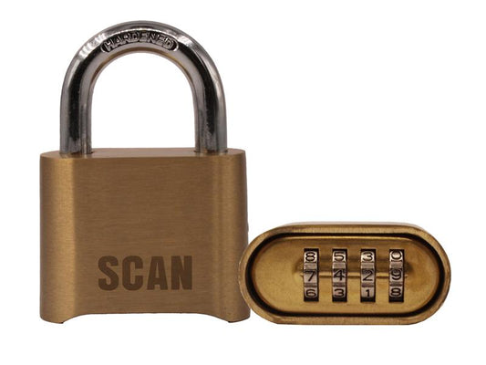 Scan Brass 4 Digit Combination Padlock 50mm Shackle Width 25mm SCAPLBCOM