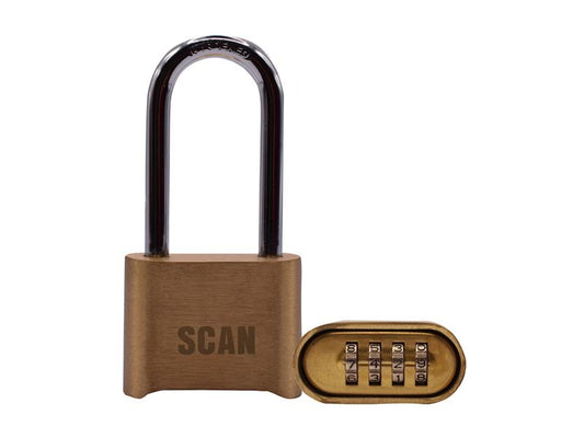 Scan Brass 4 Digit Combination Padlock 50mm Long Shackle SCAPLBCOMLS
