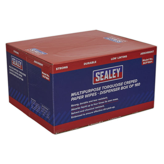 Sealey Multipurpose Paper Wipes in Dispenser Box - Creped Turquoise 69gsm 160 Sheets SCP1601