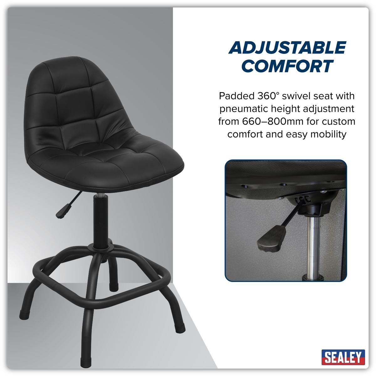 Sealey Workshop Stool Pneumatic with Adjustable Height Swivel Seat & Back Rest SCR01B