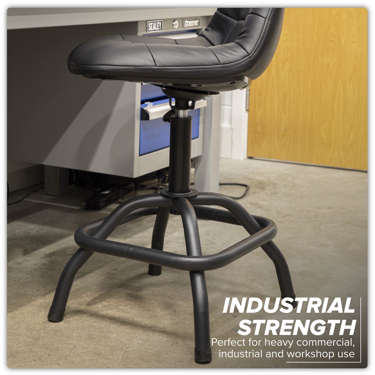 Sealey Workshop Stool Pneumatic with Adjustable Height Swivel Seat & Back Rest SCR01B