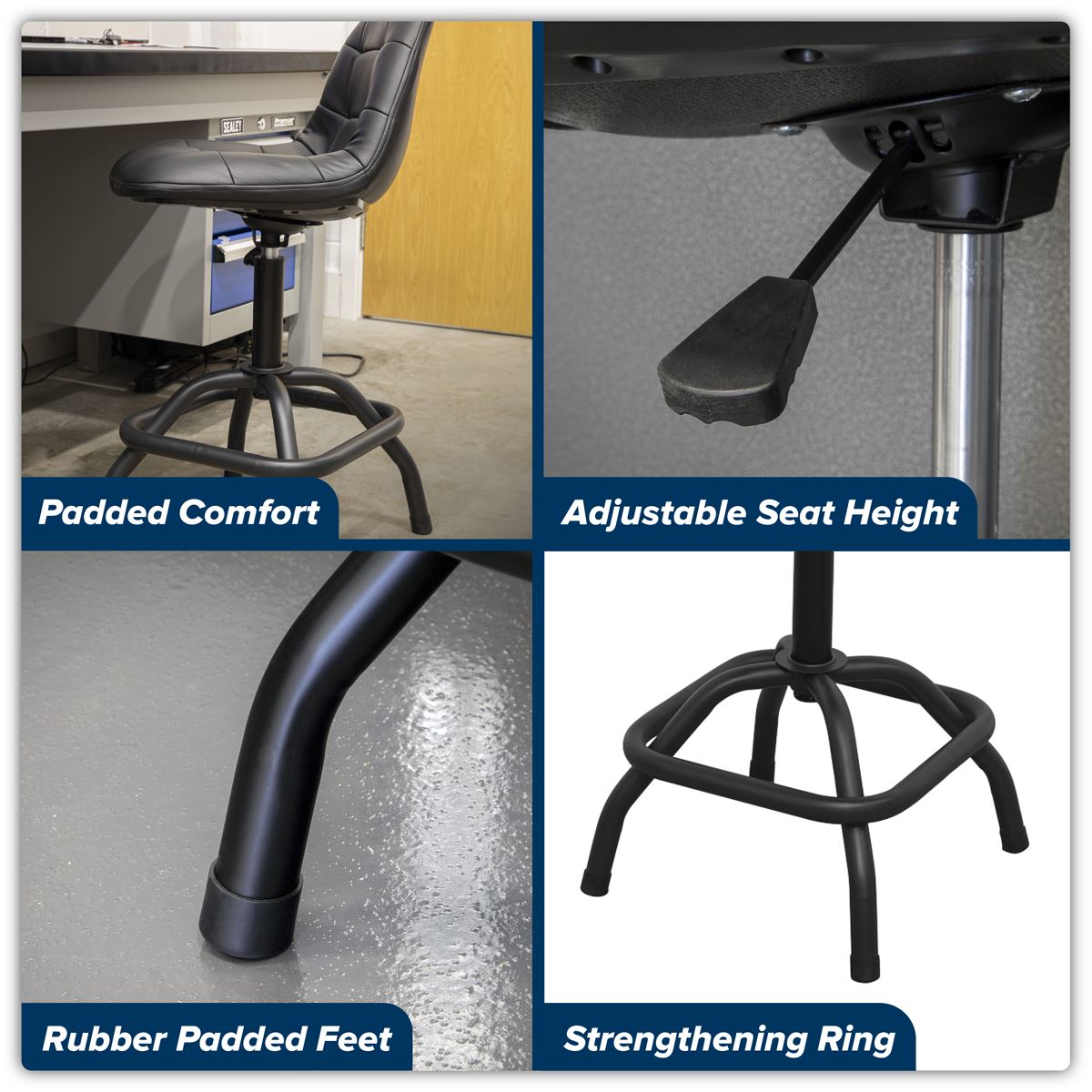 Sealey Workshop Stool Pneumatic with Adjustable Height Swivel Seat & Back Rest SCR01B