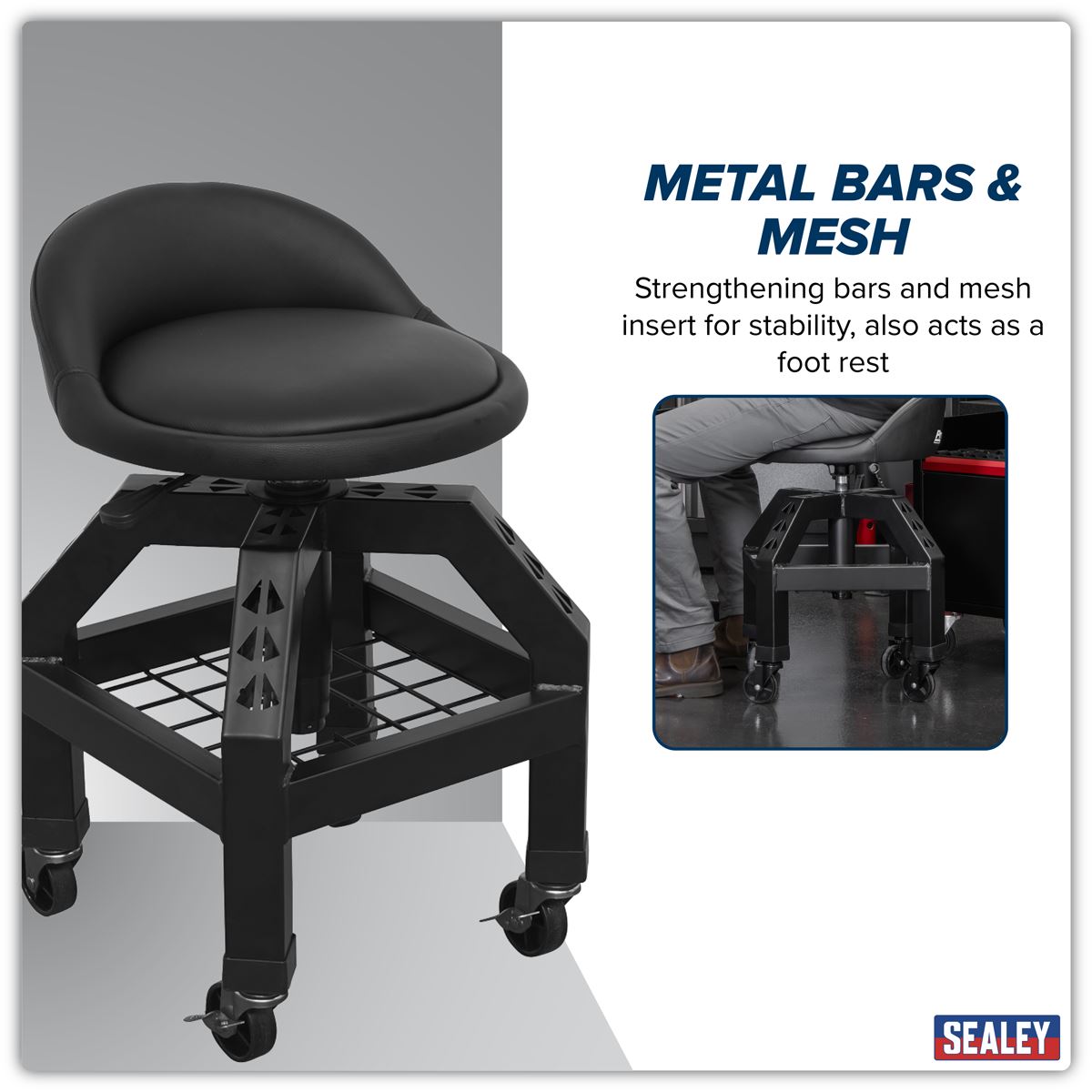 Sealey Creeper Stool Pneumatic with Adjustable Height Swivel Seat & Back Rest SCR03B