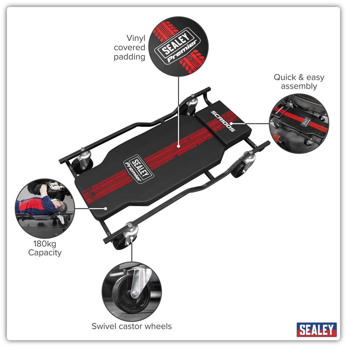 Sealey Vinyl Covered Steel Creeper with 4 Swivel Castor Wheels Headrest SCR100S
