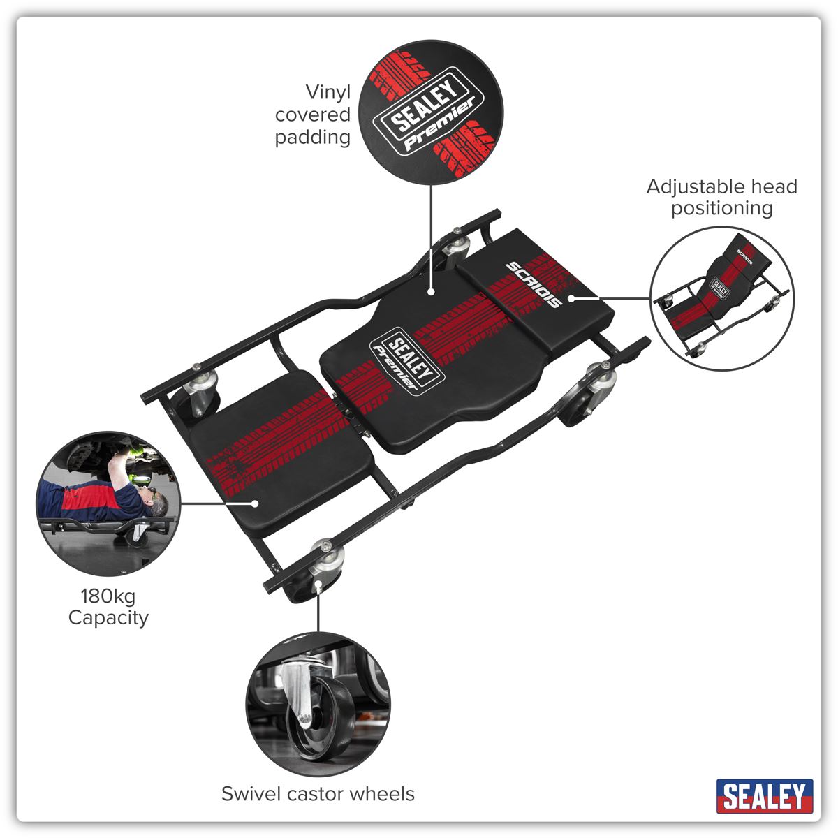 Sealey Steel Creeper With 4 Swivel Castors & Adjustable Back Headrest SCR101S
