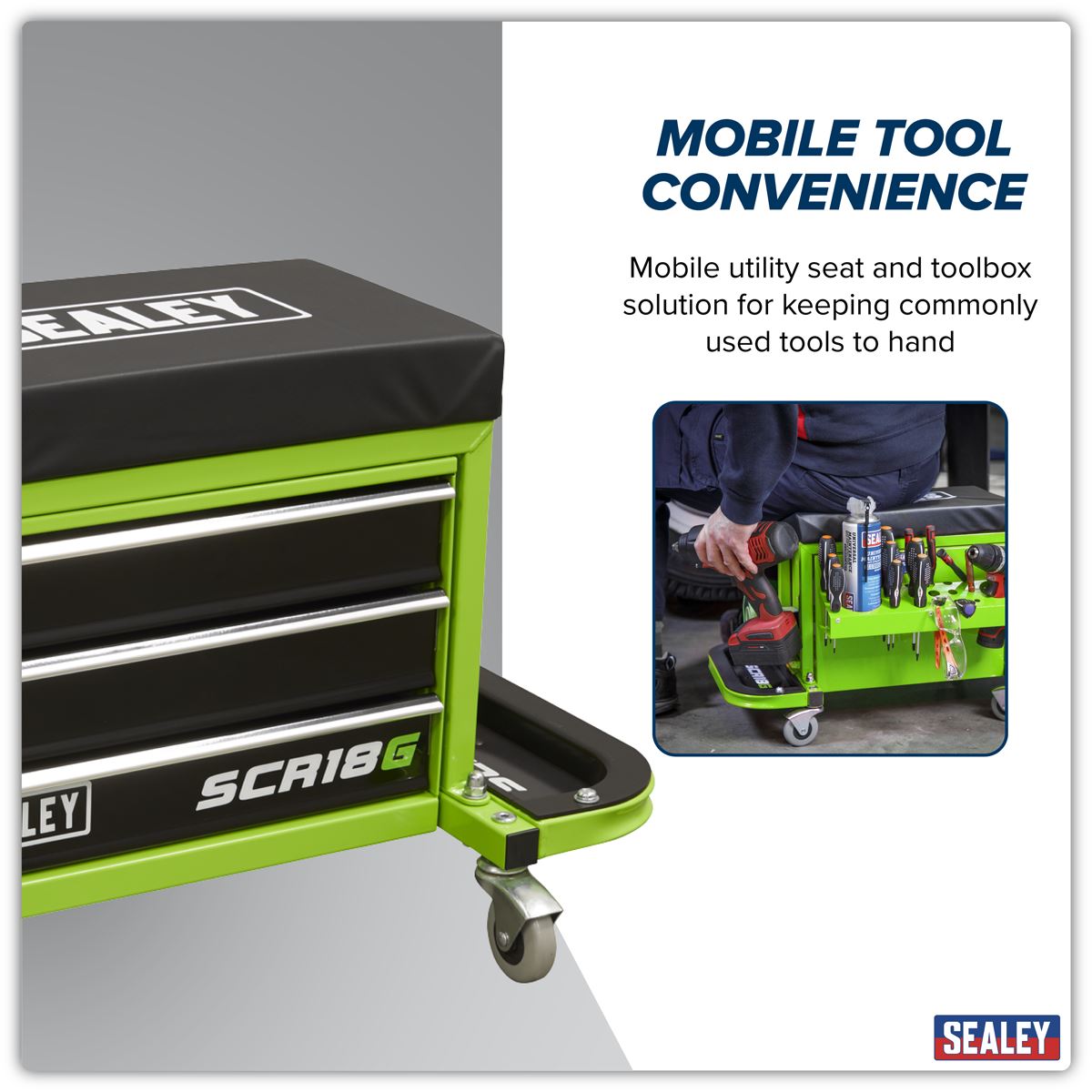 Sealey Mechanic's Utility Seat & Toolbox - Hi-Vis Green SCR18G