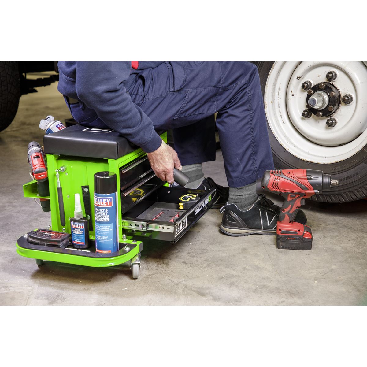 Sealey Mechanic's Utility Seat & Toolbox - Hi-Vis Green SCR18G
