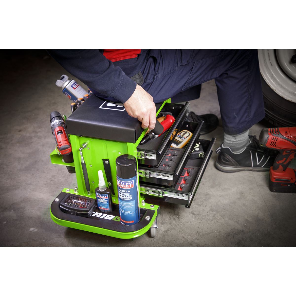 Sealey Mechanic's Utility Seat & Toolbox - Hi-Vis Green SCR18G