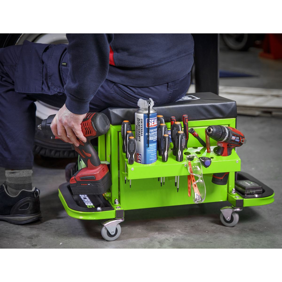 Sealey Mechanic's Utility Seat & Toolbox - Hi-Vis Green SCR18G