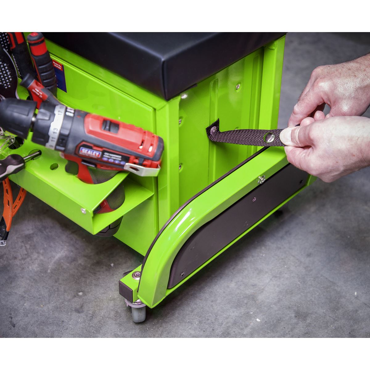 Sealey Mechanic's Utility Seat & Toolbox - Hi-Vis Green SCR18G