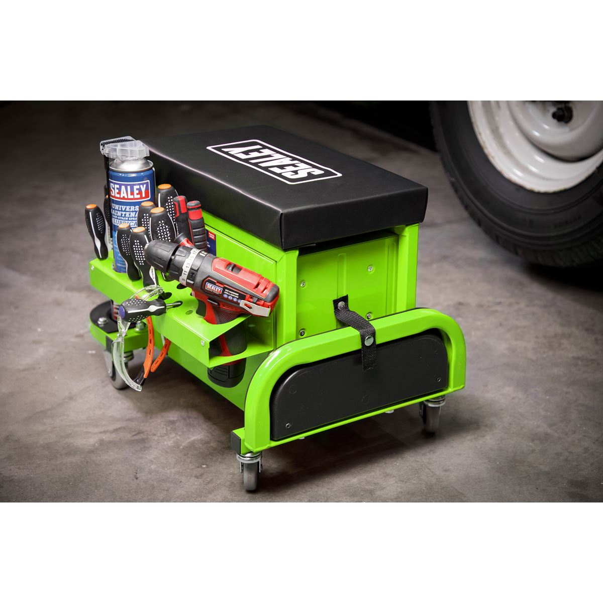 Sealey Mechanic's Utility Seat & Toolbox - Hi-Vis Green SCR18G