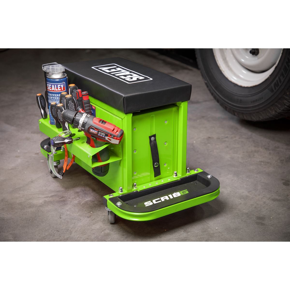 Sealey Mechanic's Utility Seat & Toolbox - Hi-Vis Green SCR18G