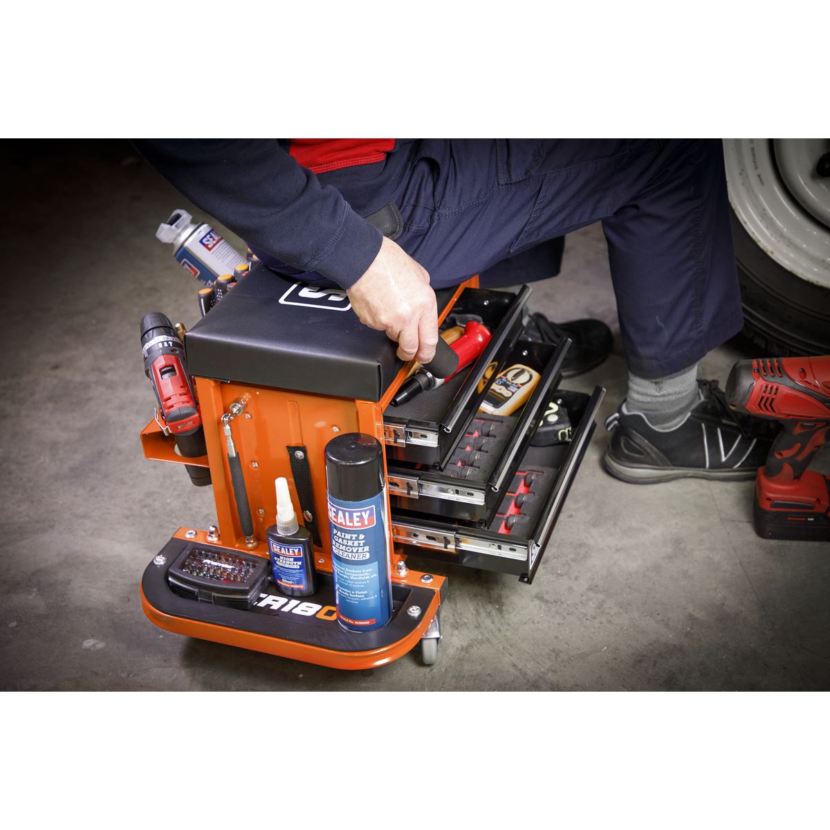 Sealey Mechanic's Utility Seat & Toolbox - Orange SCR18O
