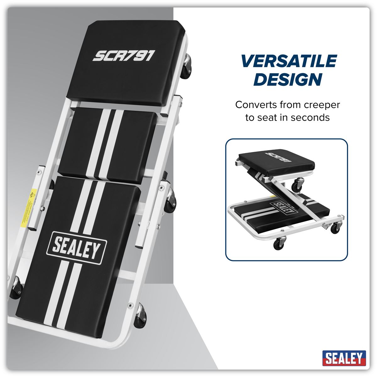 Sealey Compact Steel Creeper Seat with 6 Wheels Cushioned Vinyl SCR791