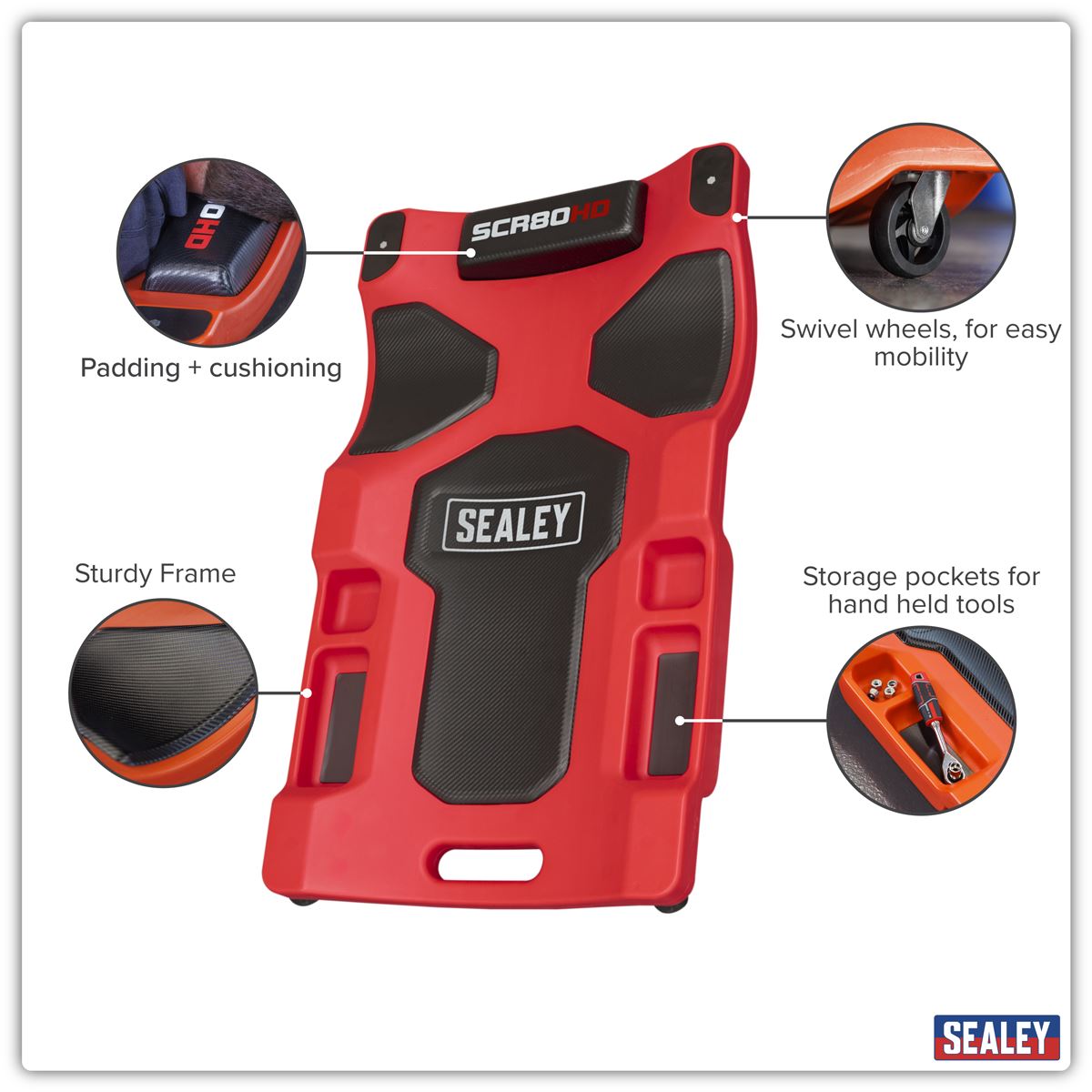 Sealey Composite Padded Creeper with Six 75mm Castor Wheels Low Profile SCR80HD