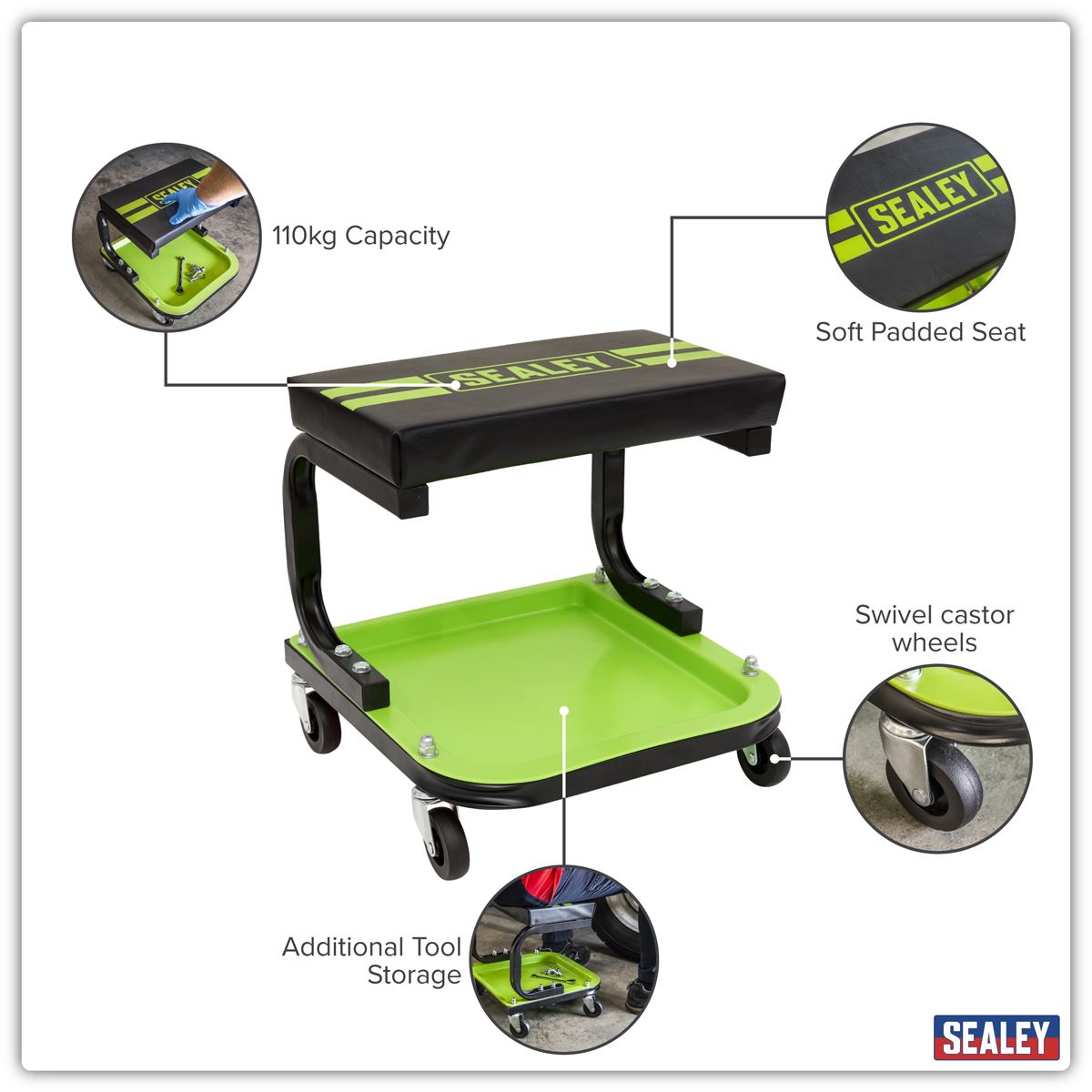 Sealey Mechanic's Utility Seat Deluxe - Hi-Vis Green SCR9HV