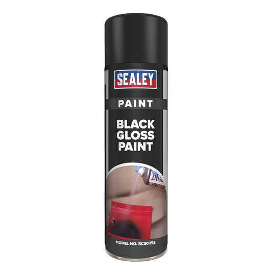 Sealey Black Gloss Paint 500ml Can Fast Drying Acrylic Based SCS025S
