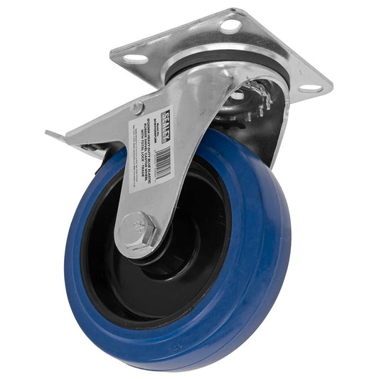 Sealey Heavy-Duty Blue Elastic Rubber Swivel Castor Wheel with Total Lock �125mm - Trade SCW3125SPLEM