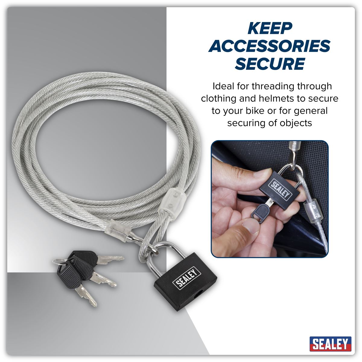 Sealey Motorcycle Cable Lock 3m Cut Resistant With Padlock And Key Set SHGCL3