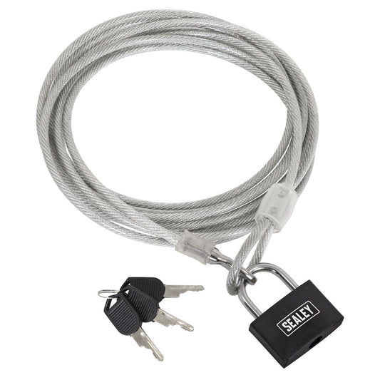 Sealey Motorcycle Cable Lock 3m Cut Resistant With Padlock And Key Set SHGCL3