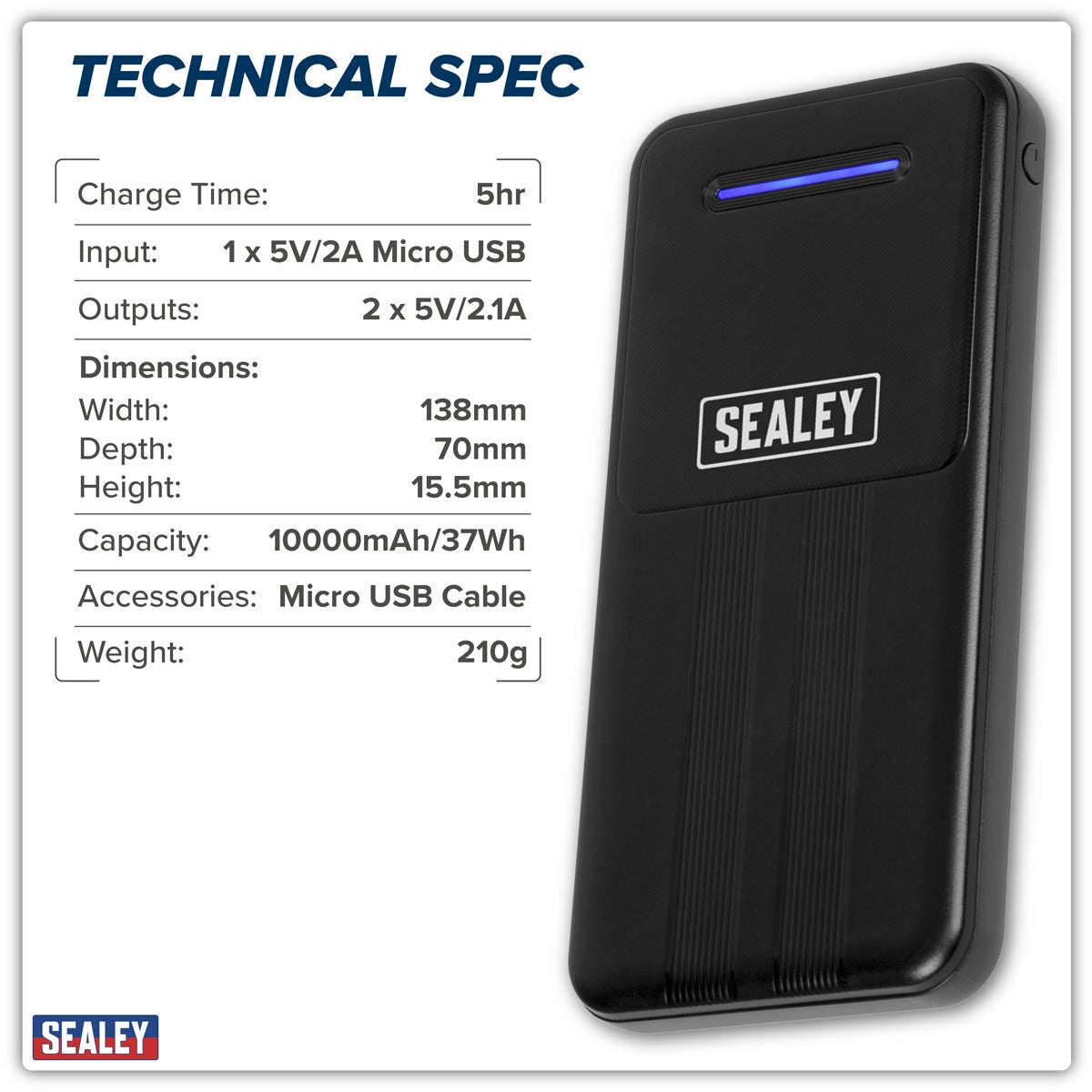 Sealey Portable Power Bank 10W 10000mAh Micro USB Type-C SPB101