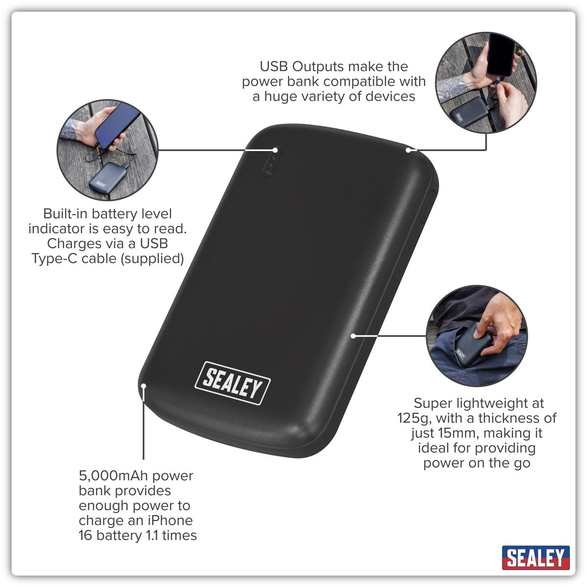 Sealey Portable Power Bank 10W 5000mAh For IPhone Smartwatch Earphones SPB103