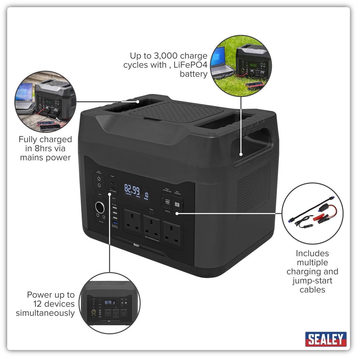 Sealey Portable Power Station 2200W LiFePO4 battery 12 Devices At Once SPB2200W