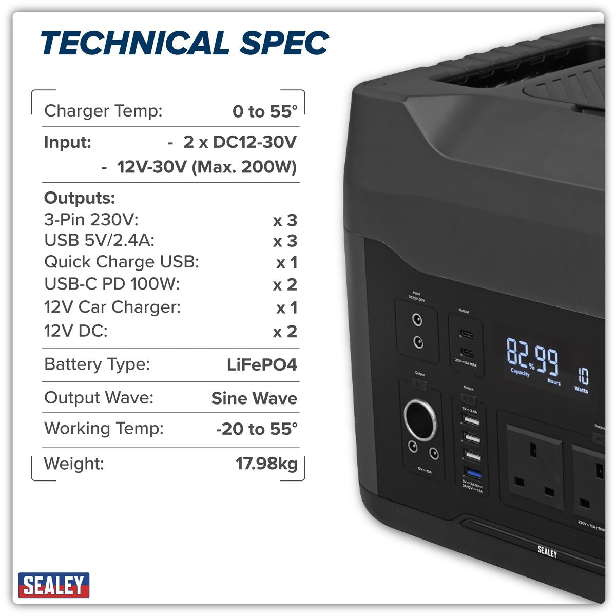 Sealey Portable Power Station 2200W LiFePO4 battery 12 Devices At Once SPB2200W